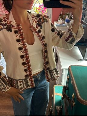 Zara Cream Embroidered Boho Blazer with Brown & Rust Accents